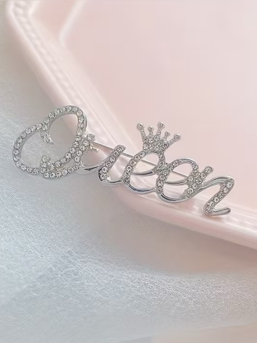 Crystal 'Queen' Script Brooch Pin - Silver Tone